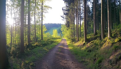 Fototapeta premium Sunlit path through lush green forest with tall trees and soft light.
