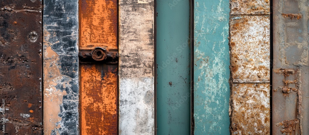 Aufkleber close-up of weathered, multicolored metal plates with rust and paint showing texture and age.