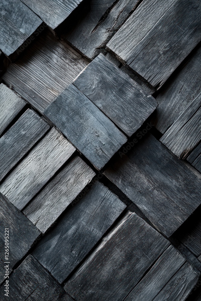 Poster Dark gray wooden planks arranged in an intricate, overlapping pattern, creating a textured background.