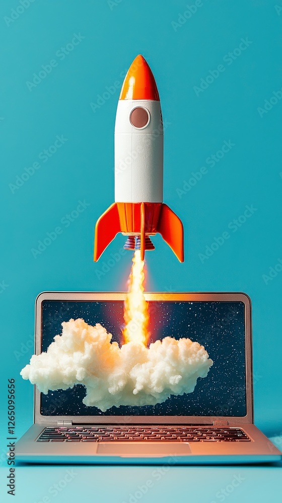 Poster A dynamic rocket soaring from a laptop screen with clouds, representing aspirations and the journey of ideas transcending digital boundaries into the universe.