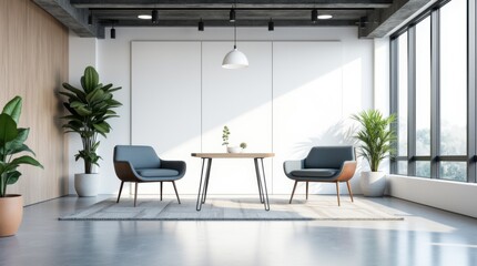 A refined business lounge featuring a minimalist wooden table, elegant blue chairs, and large windows, creating a sophisticated and professional meeting space.
