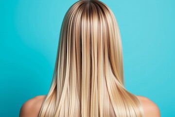Naklejka premium Long Blonde Straight Hair Healthy Shiny Tresses Back View Turquoise Background
