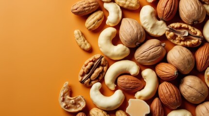 Assorted nuts, including cashews, walnuts, and almonds, displayed on an orange background for a healthy snack concept.
