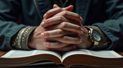 Fototapeta premium Close-up of clasped hands resting on an open Bible, symbolizing faith, devotion, and prayer in a spiritual moment. 