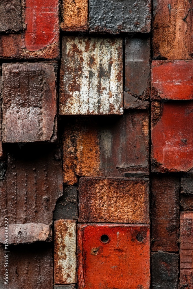 Poster Abstract background of rusty metal sheets in various colors and textures forming a mosaic-like pattern.