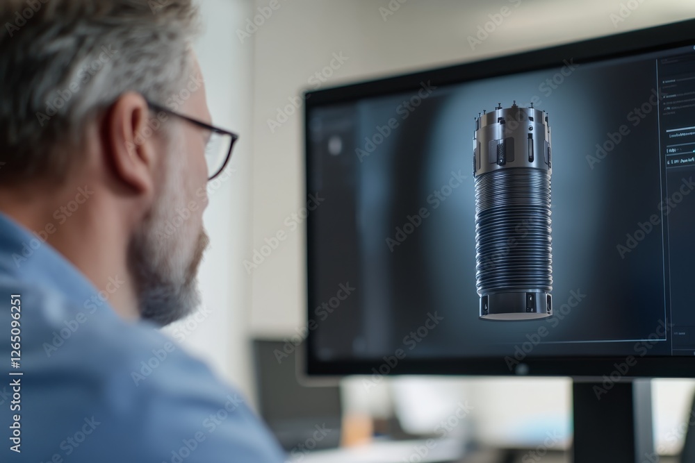 Poster professional man working on digital design of advanced flashlight technology in modern office settin