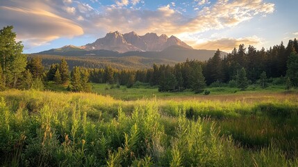 Majestic mountain range at sunset, viewed from a lush green meadow.