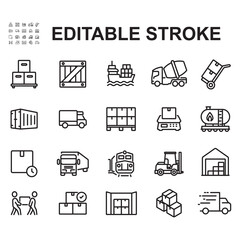 Set of Vector Icons for Supply Chain. Thin line vector, contains icons such as goods delivery, stock of goods, container.