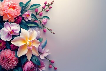 Naklejka premium Charming Floral Corner: Delightful Composition of Peonies and Orchids with Silky Texture, Radiating Feminine Energy and Peace, Perfect Visual for International Women's Day Gifts and Peaceful Occasions