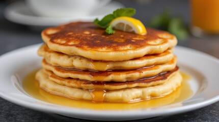 A stack of golden brown pancakes drizzled with maple syrup and garnished with a lemon slice, perfect for a delicious breakfast.
