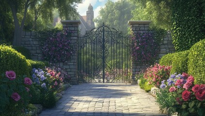 Obraz premium Ornate iron gate entrance to a lush garden path with blooming flowers and stone pillars.