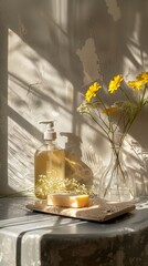 Bathroom organisation. natural material, eco-friendly cleaning supplies, flowers soap, copy space, vertical