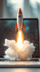 Naklejka premium A retro-styled white and red rocket launches from a laptop, encapsulating the thrill of flight and the limitless possibilities of digital innovation.