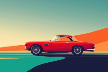 Vintage red car on a colorful background, showcasing retro design and timeless elegance, ideal for automobile enthusiasts and vintage lifestyle concepts