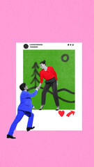Woman standing inside social media post while man reaches out to help against pink background. Virtual connections and digital support. Concept of social media, networking, communication