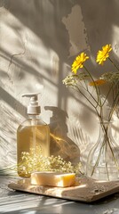 Bathroom organisation. natural material, eco-friendly cleaning supplies, flowers soap, copy space, vertical
