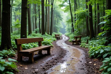 Serene Forest Path with Wooden Benches Muddy Trail Lush Greenery
