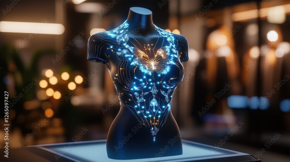 Poster mannequin display with neon butterfly design and illuminated patterns in modern fashion store