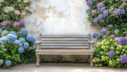 Fototapeta premium Rustic wooden bench sits between vibrant hydrangea bushes against a weathered wall.