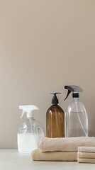 Natural spring cleaning supplies, towels on background. Vertical shot with empty space