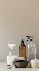 Natural spring cleaning supplies, wipe and brush on background. Vertical shot with empty space