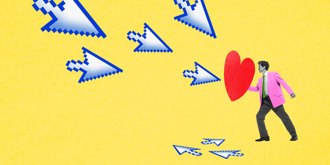 Man in pink jacket holding large red heart as shield, defending against approaching pixelated cursors against yellow background. Concept of social media, networking, communication