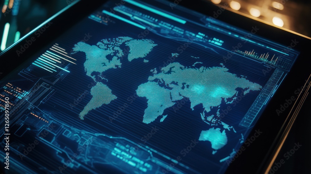 Poster global data visualization: world map on futuristic digital interface