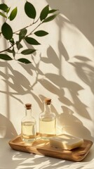 Bathroom organisation. natural material, eco-friendly cleaning supplies, glass bottles on wooden tray with fresh tree branch, copy space, vertical