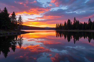 Fototapeta premium Stunning Sunset Reflection on Calm Lake with Silhouetted Pine Trees