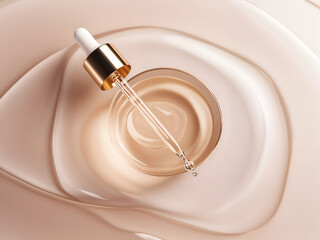 Liquid Gold: A close-up shot of a glass dropper, with a gold-rimmed cap, poised over a swirl of liquid serum, creating a mesmerizing abstract image evoking the promise of beauty and luxury. 