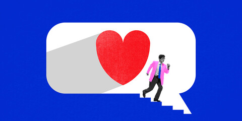 Man in pink jacket walking down stairs from large speech bubble with red heart against blue background. Online conversations and emotional detachment. Social media, networking, communication concept