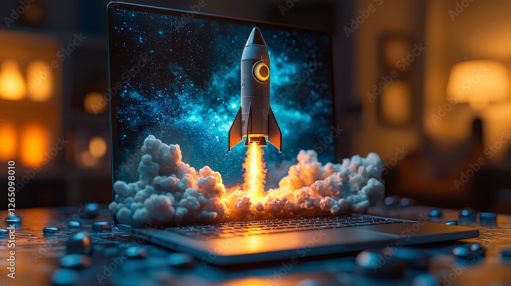 Poster this image beautifully captures a rocket launching from a laptop, symbolizing innovation and explora
