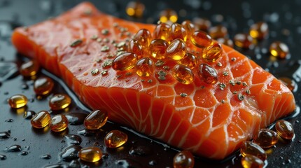 A vibrant salmon fillet rests on a glossy black surface, topped with shiny golden fish oil capsules. The fillet glistens, showcasing its rich orange hue.