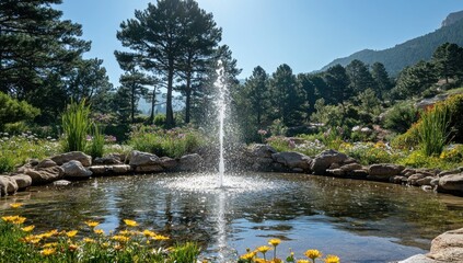 Serene garden fountain with vibrant flowers and mountain backdrop.