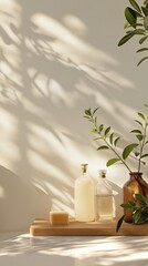 Bathroom organisation. natural material, eco-friendly cleaning supplies, glass bottles on wooden tray with fresh olive branch, copy space, vertical