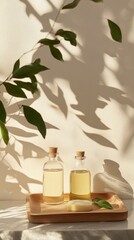 Spring cleaning, bathroom organisation. natural material, eco-friendly cleaning supplies, bottles on wooden tray, copy space, vertical