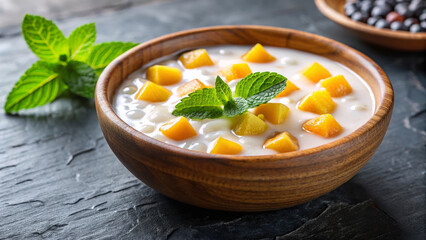 Chilled tapioca dessert with diced mango and fresh mint, served in a wooden bowl on a dark slate background