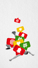 Man buried under pile of colorful social media notifications against white background. Overwhelming...