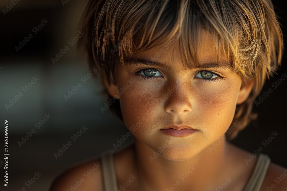 Poster young boy with captivating blue eyes standing against a soft background in natural light, showcasing