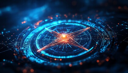 Business strategy compass wireframe in low poly, targeting success, digital technology concept, aiming for goal on a blue dark background, modern style, 4K UHD