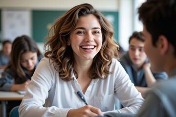 Obraz premium Happy Young Woman Student in Classroom Smiling Education Concept