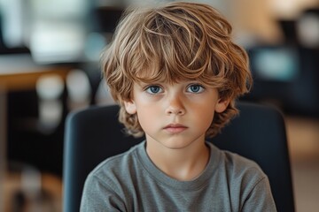 Boy with curly hair sitting in an office environment looking serious and contemplative