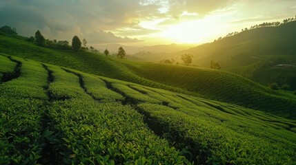 Fototapeta premium Sunrise over rolling green tea plantations in the hills