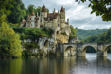Fototapeta premium Fairytale Chateau on a Cliffside: A Majestic River View