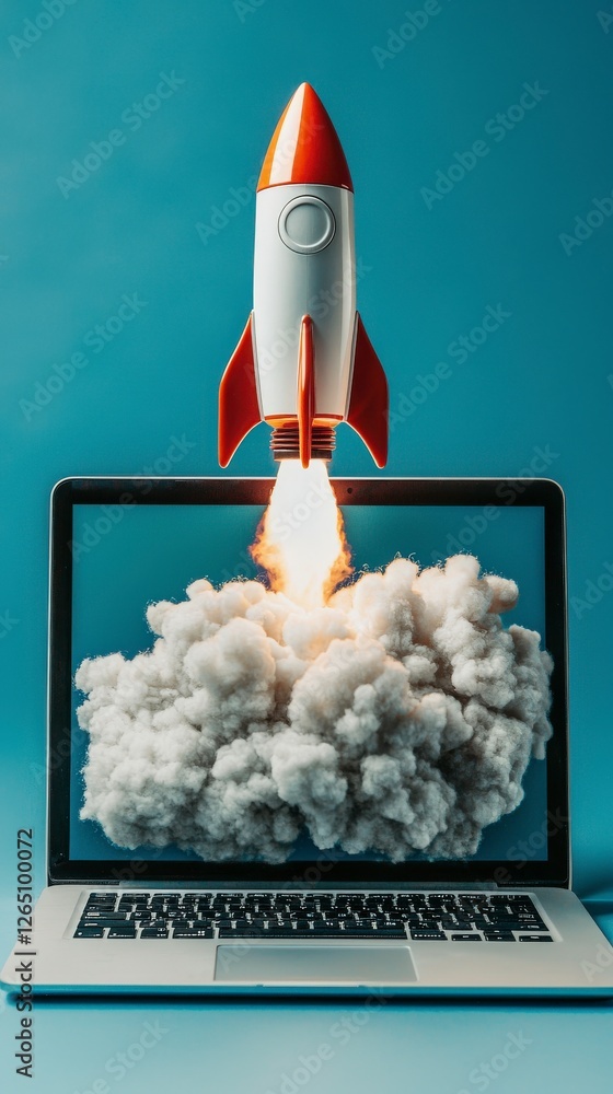 Poster a colorful rocket is depicted soaring out of a computer screen, generating billowing clouds, represe