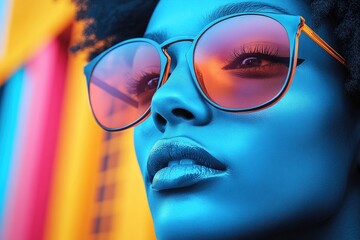 Bright and bold portrait of a woman with vibrant sunglasses in an artistic background