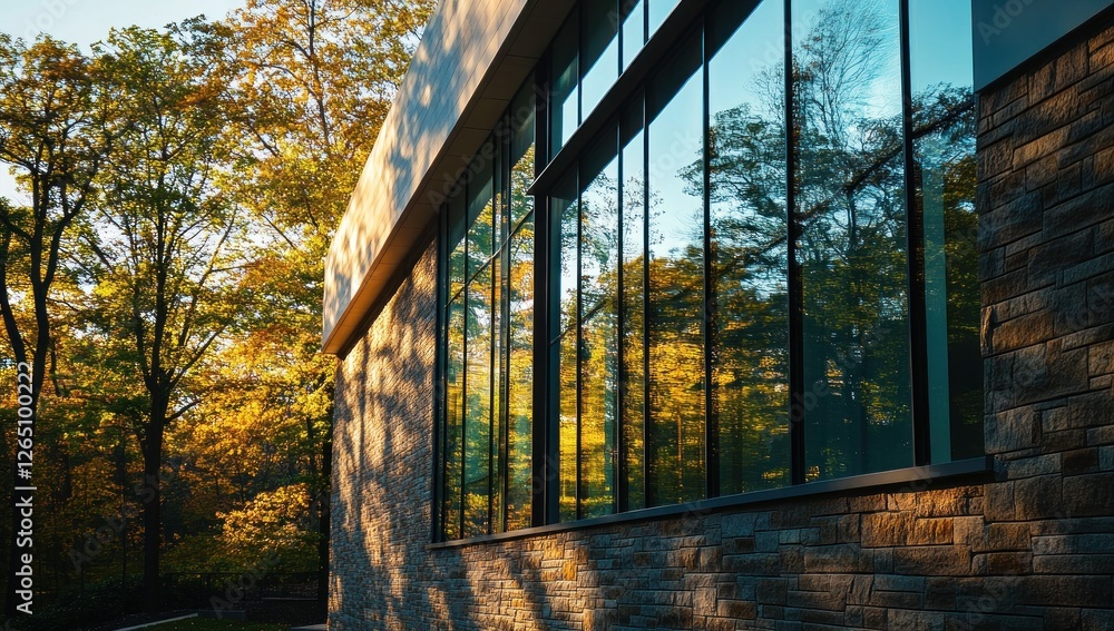 Poster modern building with large windows reflecting autumn trees.