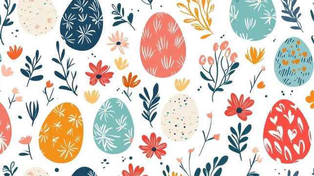 A charming seamless pattern showcases a collection of colorful Easter eggs intertwined with whimsical flowers and leafy greenery. This festive design radiates springtime joy and creativity