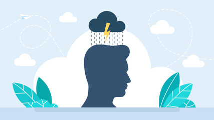 Head silhouette icon with clouds and lightning. Depressive state of mind,anger, bad mood. Mental health concept. Depressed Unhappy Man Feeling. Suffering feeling lonely. Flat illustration