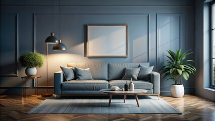 Sleek grey sofa, white frame, bathed in low light. 3D rendered modern interior mockup.